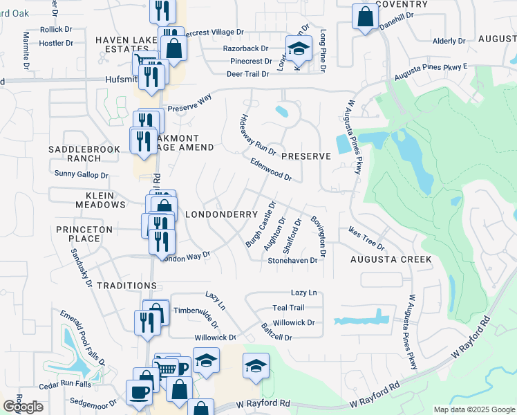 map of restaurants, bars, coffee shops, grocery stores, and more near 25110 London Town Drive in Spring