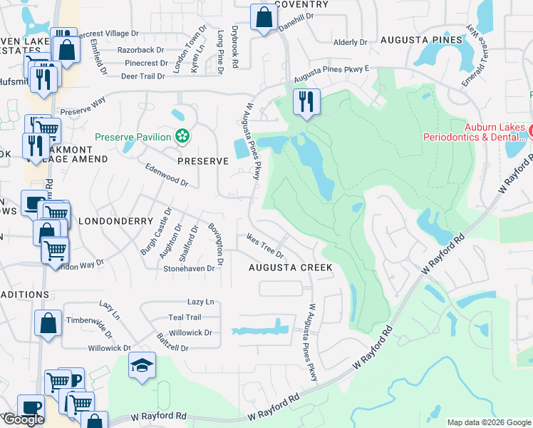 map of restaurants, bars, coffee shops, grocery stores, and more near 7618 Raes Creek Drive in Spring