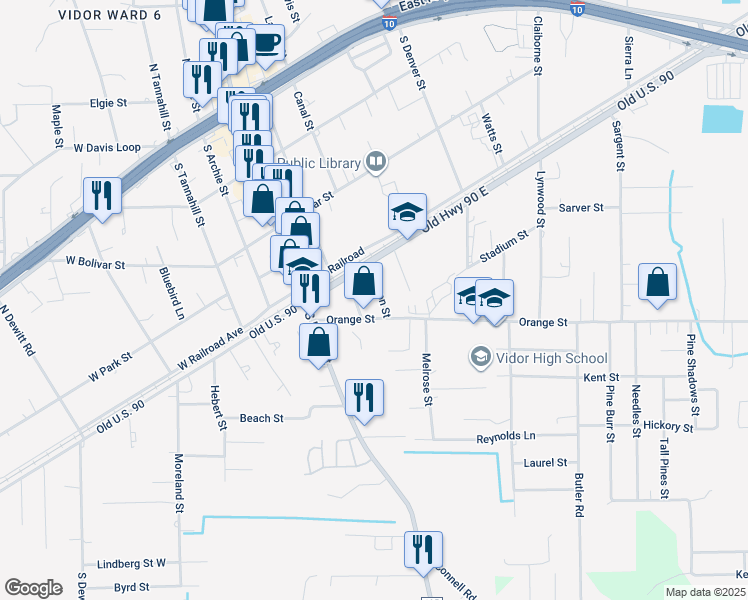 map of restaurants, bars, coffee shops, grocery stores, and more near 180 Vernon St in Vidor