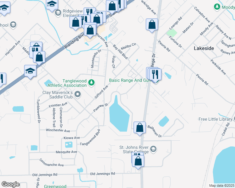 map of restaurants, bars, coffee shops, grocery stores, and more near 1453 Pawnee Street in Orange Park