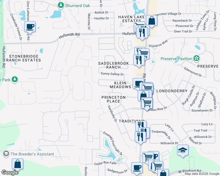 map of restaurants, bars, coffee shops, grocery stores, and more near 8707 Sorrel Meadows Drive in Tomball