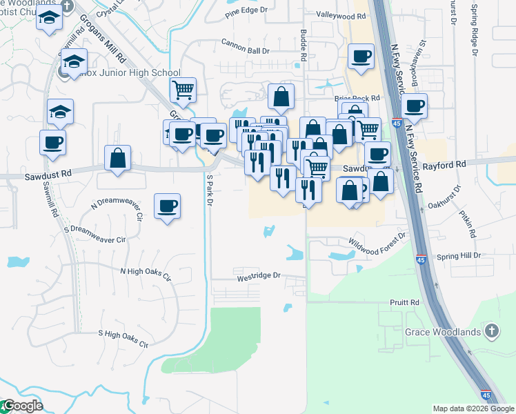 map of restaurants, bars, coffee shops, grocery stores, and more near 701 Sawdust Road in The Woodlands