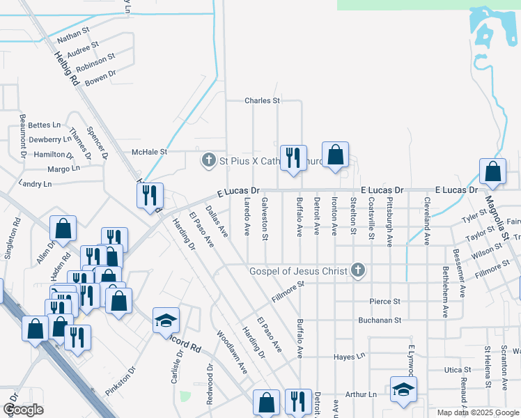map of restaurants, bars, coffee shops, grocery stores, and more near 4795 Galveston Street in Beaumont