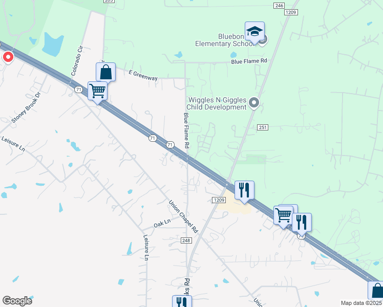map of restaurants, bars, coffee shops, grocery stores, and more near 1556 State Highway 71 in Cedar Creek