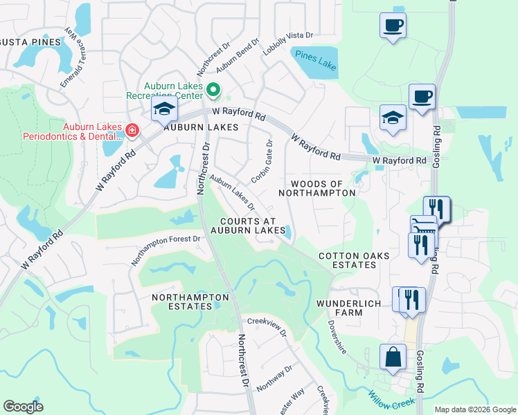 map of restaurants, bars, coffee shops, grocery stores, and more near 6331 Holden Mills Drive in Spring