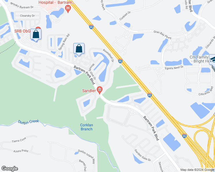 map of restaurants, bars, coffee shops, grocery stores, and more near 7065 Roundleaf Drive in Jacksonville