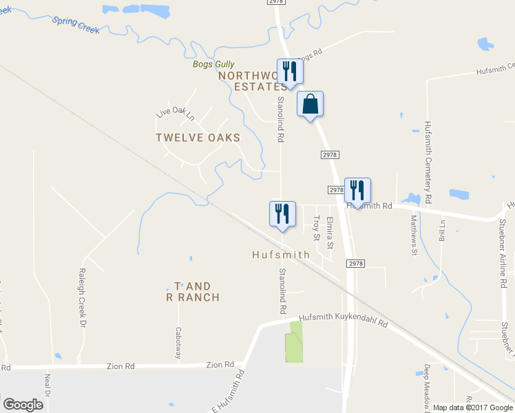 map of restaurants, bars, coffee shops, grocery stores, and more near 24923 Stanolind Road in Tomball