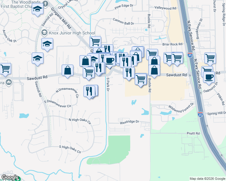 map of restaurants, bars, coffee shops, grocery stores, and more near 1005 South Park in The Woodlands