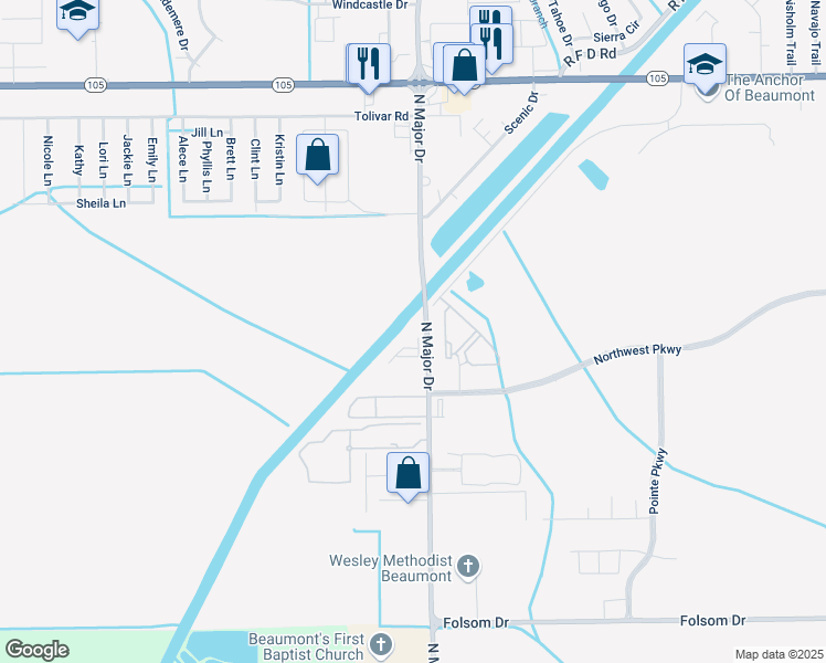 map of restaurants, bars, coffee shops, grocery stores, and more near 4579 North Major Drive in Beaumont