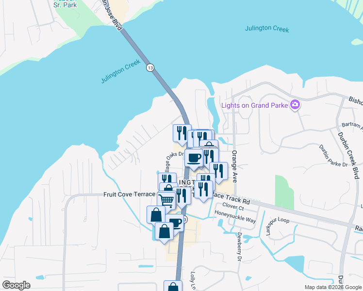 map of restaurants, bars, coffee shops, grocery stores, and more near 194 Florida 13 in Saint Johns