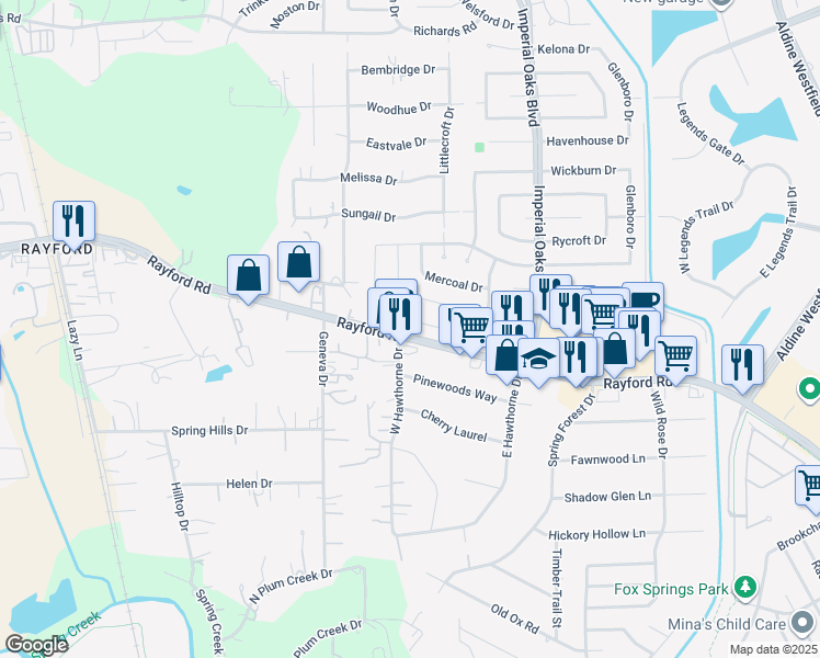 map of restaurants, bars, coffee shops, grocery stores, and more near 1626 Calmar Drive in Spring