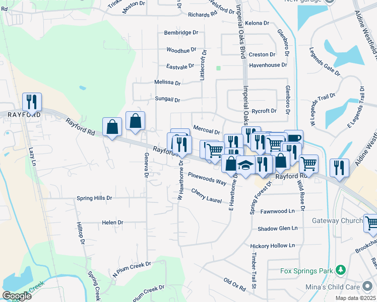 map of restaurants, bars, coffee shops, grocery stores, and more near 1630 Calmar Drive in Spring