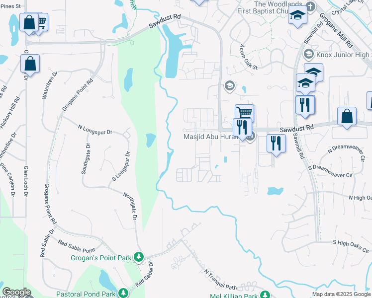map of restaurants, bars, coffee shops, grocery stores, and more near 25120 Panther Bend Court in The Woodlands