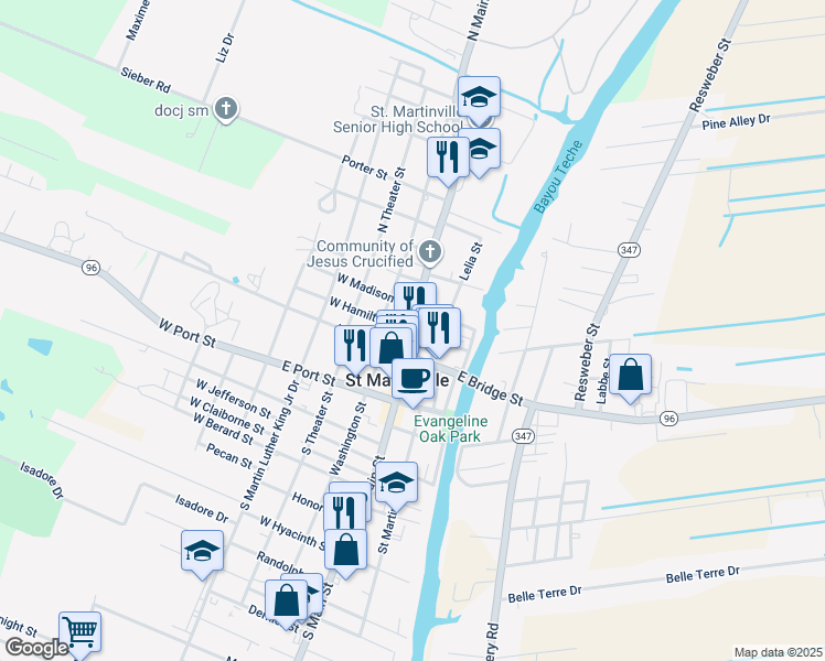 map of restaurants, bars, coffee shops, grocery stores, and more near 201 North Main Street in Saint Martinville