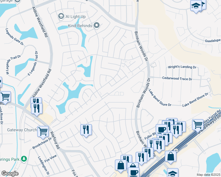 map of restaurants, bars, coffee shops, grocery stores, and more near 29703 Parliament Hills Drive in Spring