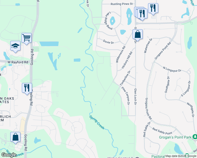 map of restaurants, bars, coffee shops, grocery stores, and more near Hidden Lake Road in Montgomery County
