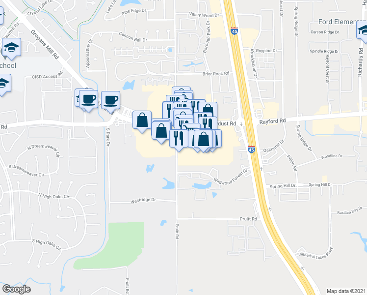 map of restaurants, bars, coffee shops, grocery stores, and more near 417 Sawdust Road in Spring