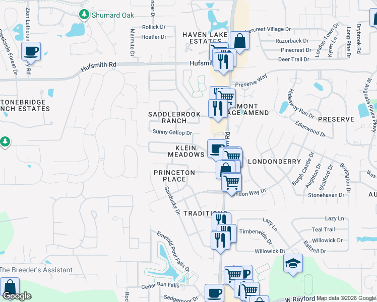 map of restaurants, bars, coffee shops, grocery stores, and more near 8610 Sorrel Meadows Drive in Tomball