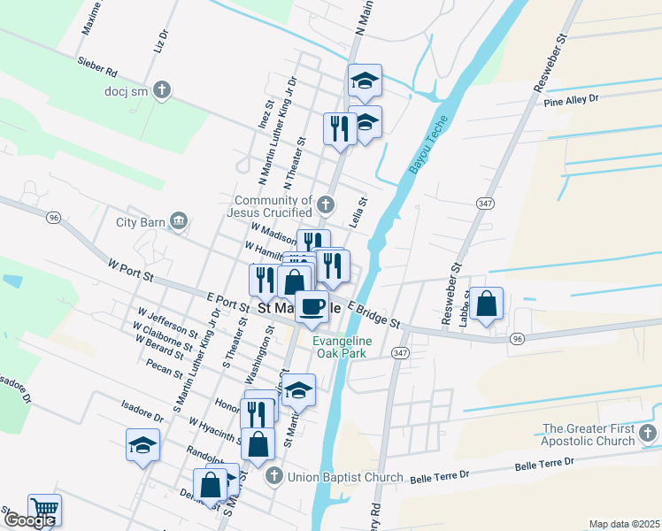 map of restaurants, bars, coffee shops, grocery stores, and more near 114 East Hamilton Street in Saint Martinville