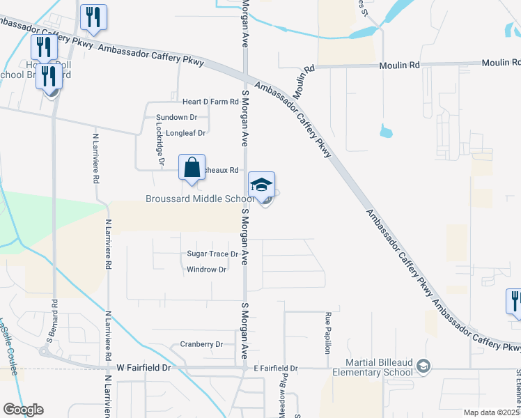 map of restaurants, bars, coffee shops, grocery stores, and more near 1325 South Morgan Avenue in Broussard