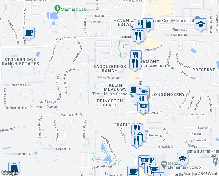 map of restaurants, bars, coffee shops, grocery stores, and more near 8642 Sorrel Meadows Drive in Tomball