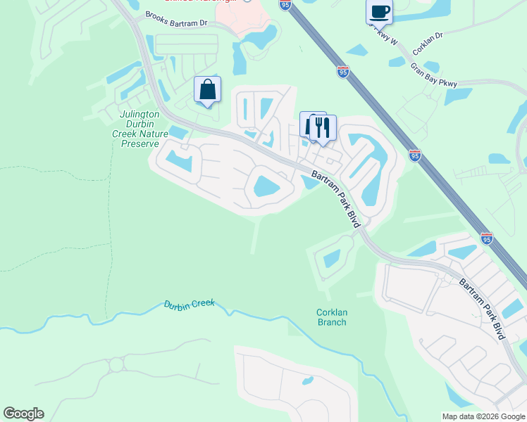 map of restaurants, bars, coffee shops, grocery stores, and more near 6591 White Blossom Circle in Jacksonville