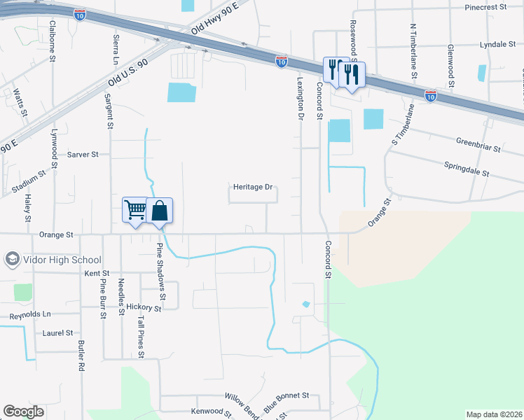 map of restaurants, bars, coffee shops, grocery stores, and more near 5 Heritage Drive in Vidor