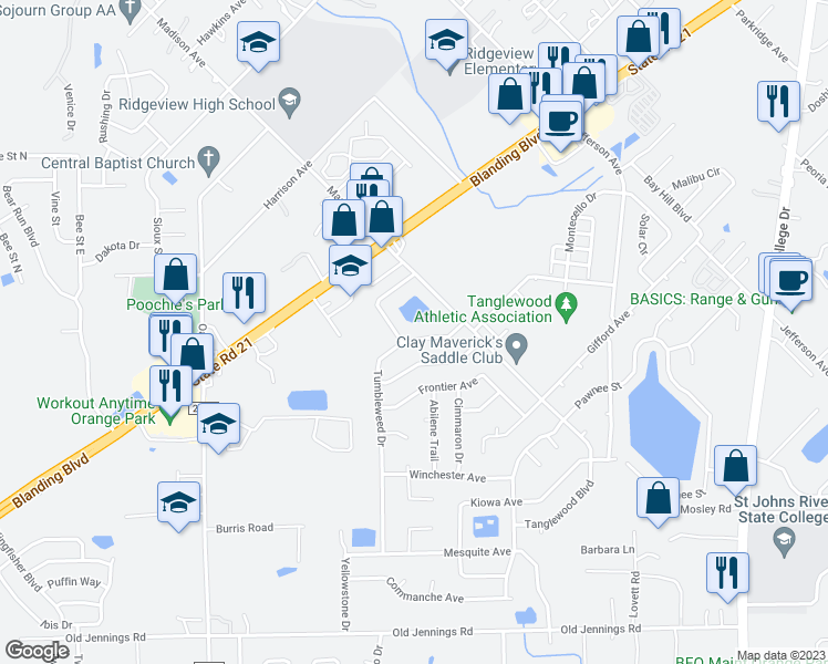 map of restaurants, bars, coffee shops, grocery stores, and more near 1168 Tumbleweed Drive in Orange Park