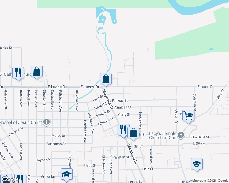 map of restaurants, bars, coffee shops, grocery stores, and more near 1819 Rivercrest Street in Beaumont