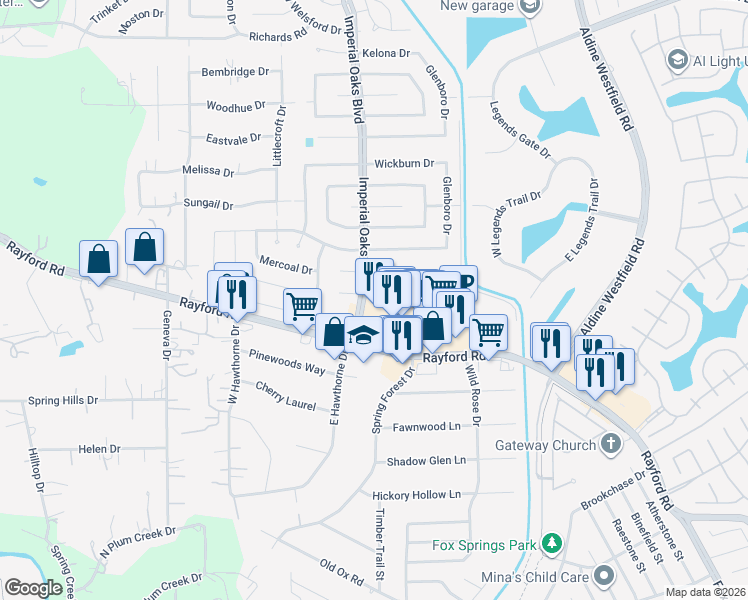 map of restaurants, bars, coffee shops, grocery stores, and more near 2006 Medway Drive in Spring
