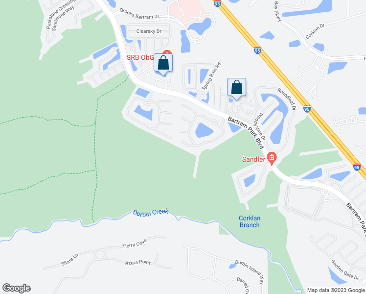 map of restaurants, bars, coffee shops, grocery stores, and more near 6612 White Blossom Court in Jacksonville