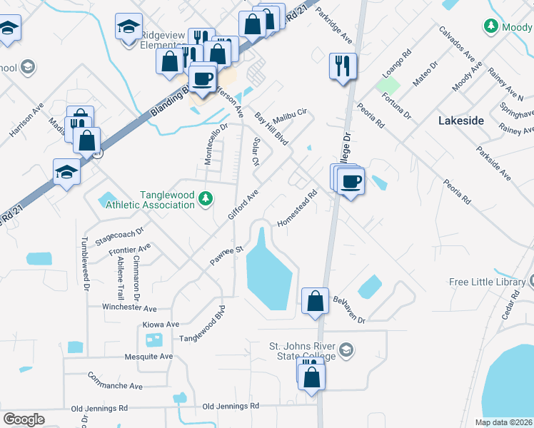 map of restaurants, bars, coffee shops, grocery stores, and more near 1453 Pawnee Street in Orange Park