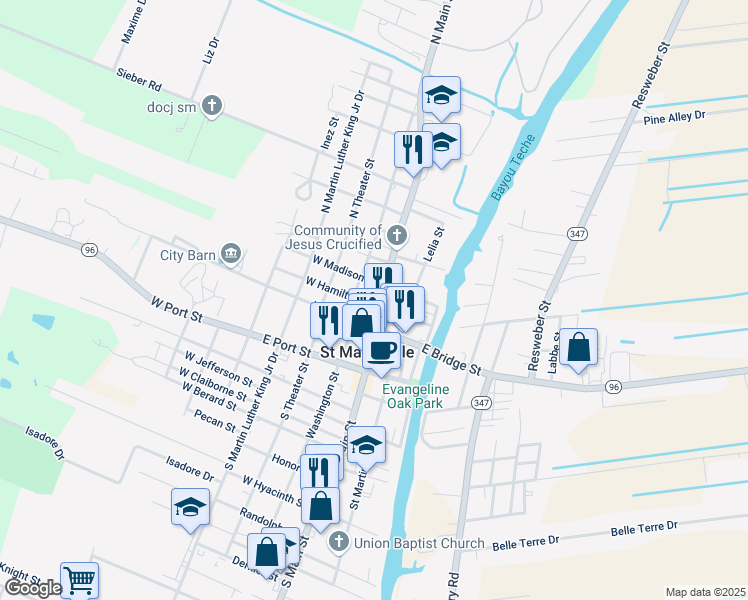 map of restaurants, bars, coffee shops, grocery stores, and more near 201 North Main Street in Saint Martinville