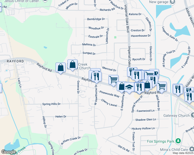 map of restaurants, bars, coffee shops, grocery stores, and more near 1630 Calmar Drive in Spring