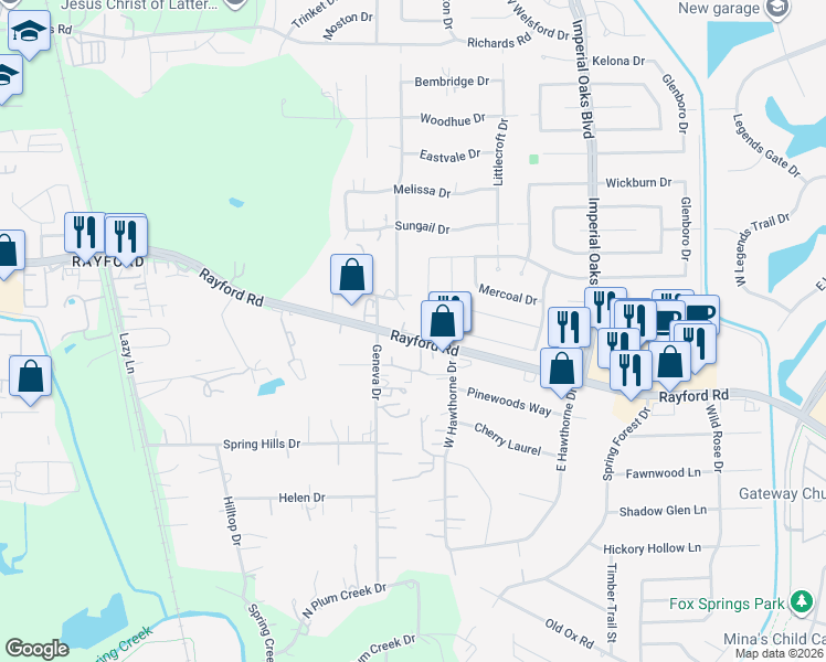 map of restaurants, bars, coffee shops, grocery stores, and more near 1702 Rayford Road in Spring
