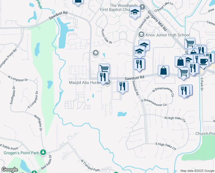 map of restaurants, bars, coffee shops, grocery stores, and more near 1701 Sawdust Road in Spring