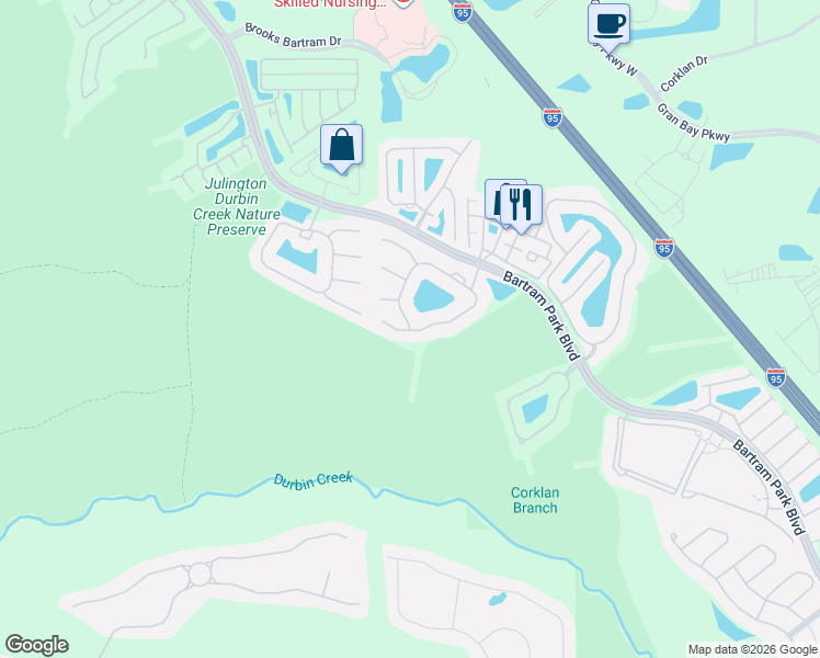 map of restaurants, bars, coffee shops, grocery stores, and more near 6591 White Blossom Circle in Jacksonville