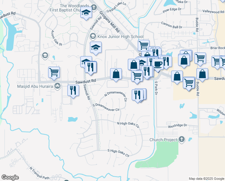 map of restaurants, bars, coffee shops, grocery stores, and more near 34 Evening Song Court in Spring