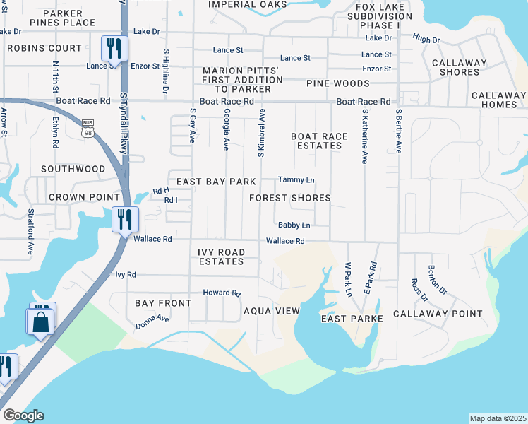 map of restaurants, bars, coffee shops, grocery stores, and more near 1205 South Kimbrel Avenue in Panama City
