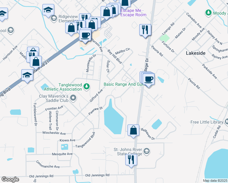 map of restaurants, bars, coffee shops, grocery stores, and more near 1437 Mesa Court in Orange Park