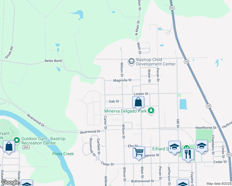 map of restaurants, bars, coffee shops, grocery stores, and more near 412 Linden Street in Bastrop