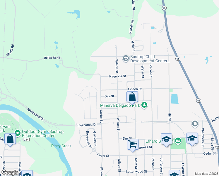 map of restaurants, bars, coffee shops, grocery stores, and more near 2109 Carter Street in Bastrop