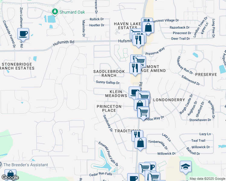map of restaurants, bars, coffee shops, grocery stores, and more near 25339 Barmby Drive in Tomball