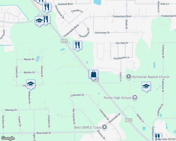 map of restaurants, bars, coffee shops, grocery stores, and more near 22315 Farm to Market Road 1314 in Porter