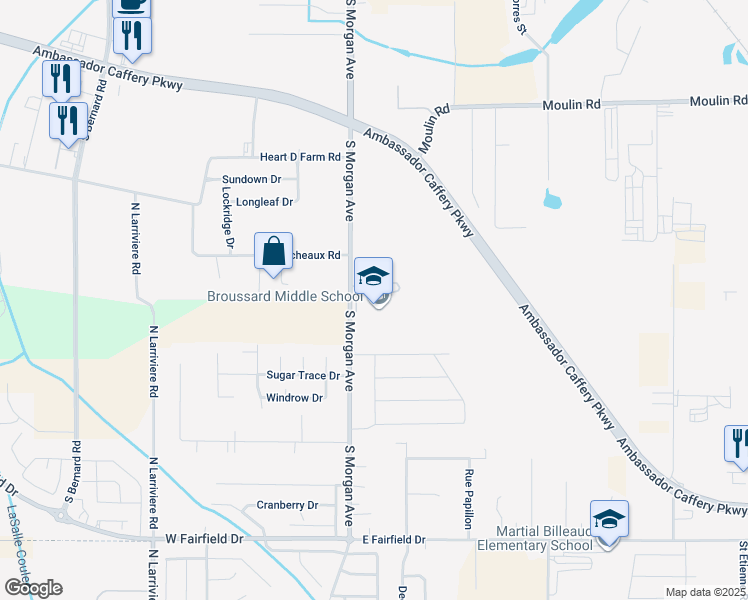 map of restaurants, bars, coffee shops, grocery stores, and more near 1325 South Morgan Avenue in Broussard