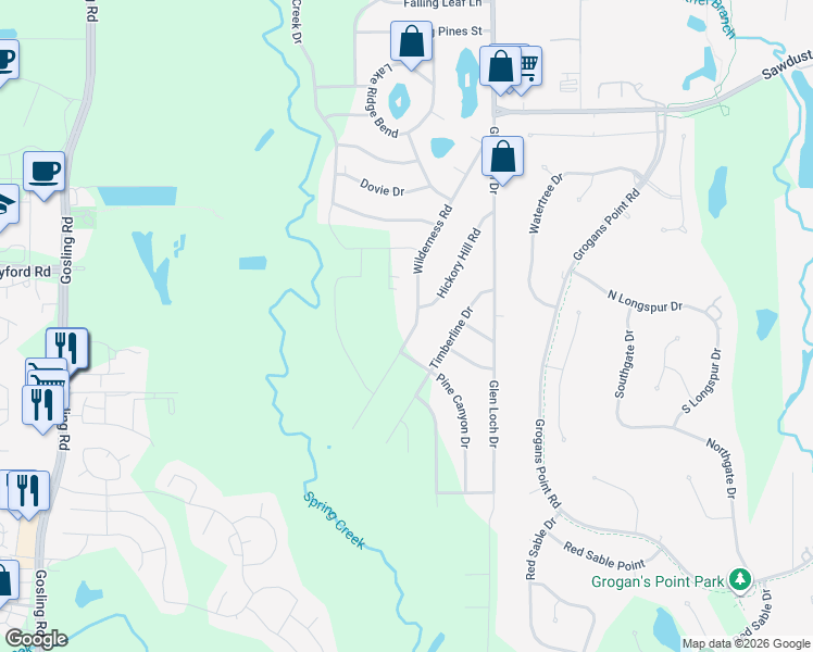map of restaurants, bars, coffee shops, grocery stores, and more near 24710 Hunters Hollow Drive in Spring