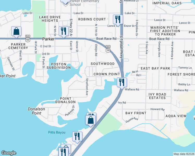 map of restaurants, bars, coffee shops, grocery stores, and more near 5301 Soule Drive in Panama City