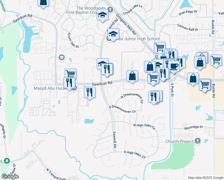 map of restaurants, bars, coffee shops, grocery stores, and more near 1481 Sawdust Road in Spring