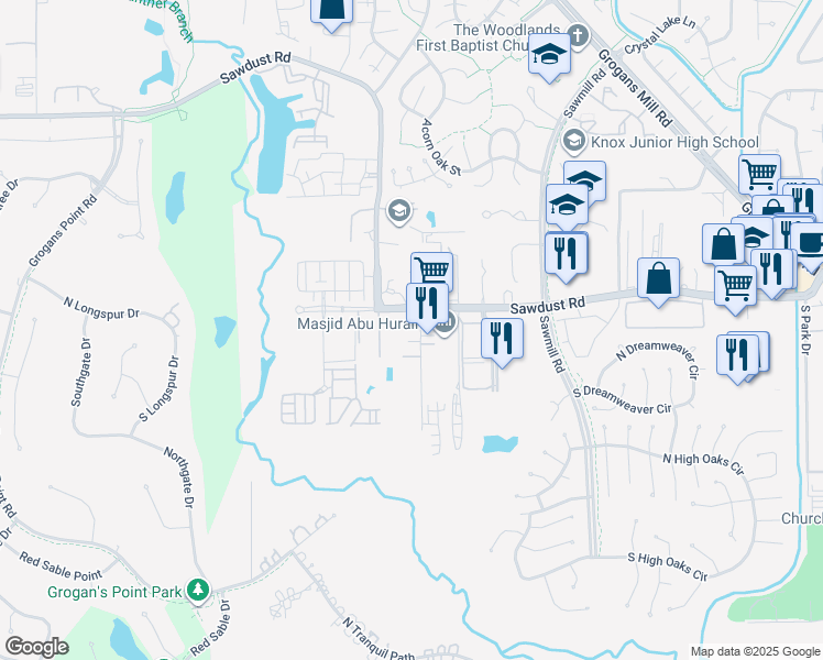 map of restaurants, bars, coffee shops, grocery stores, and more near 1718 Sawdust Road in The Woodlands