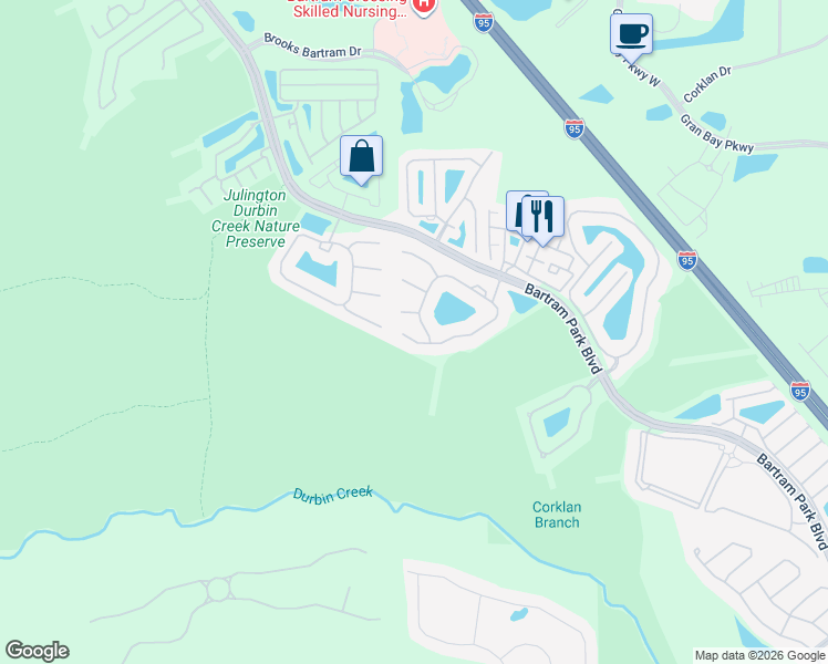 map of restaurants, bars, coffee shops, grocery stores, and more near 6618 Spring Flower Court in Jacksonville